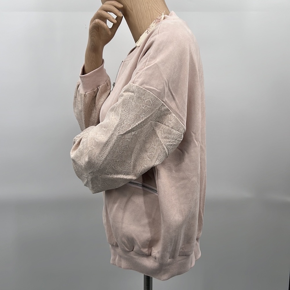 🆕Pink Bomber Jacket Snakeskin Sleeve Print New Blush Hem& Thread-Anthropologie - Picture 12 of 15